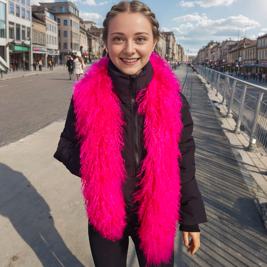 Schal aus tibetischem / mongolischem Lammfell - Hot Pink