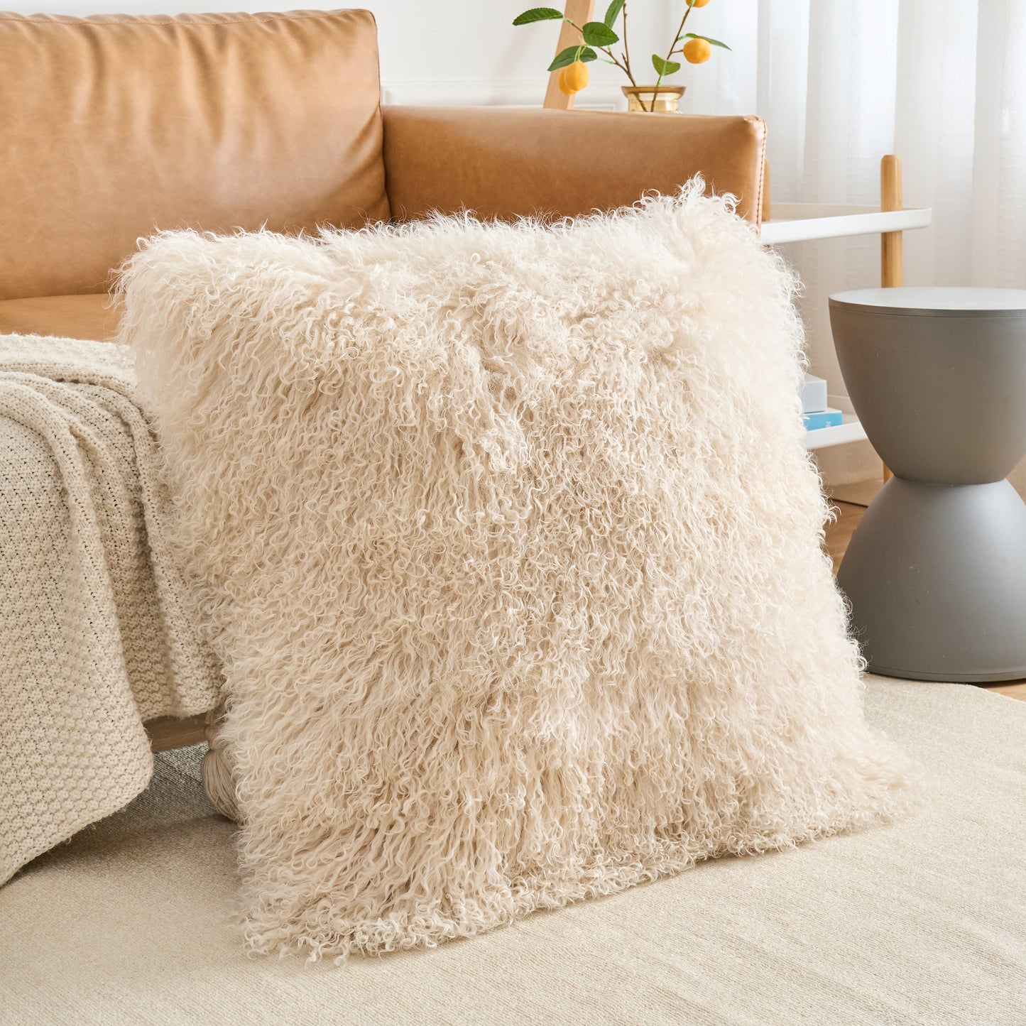 Mongolian Lamb Fur Pillow – Beige| Soft Luxury Throw Pillow | Multiple Sizes Available