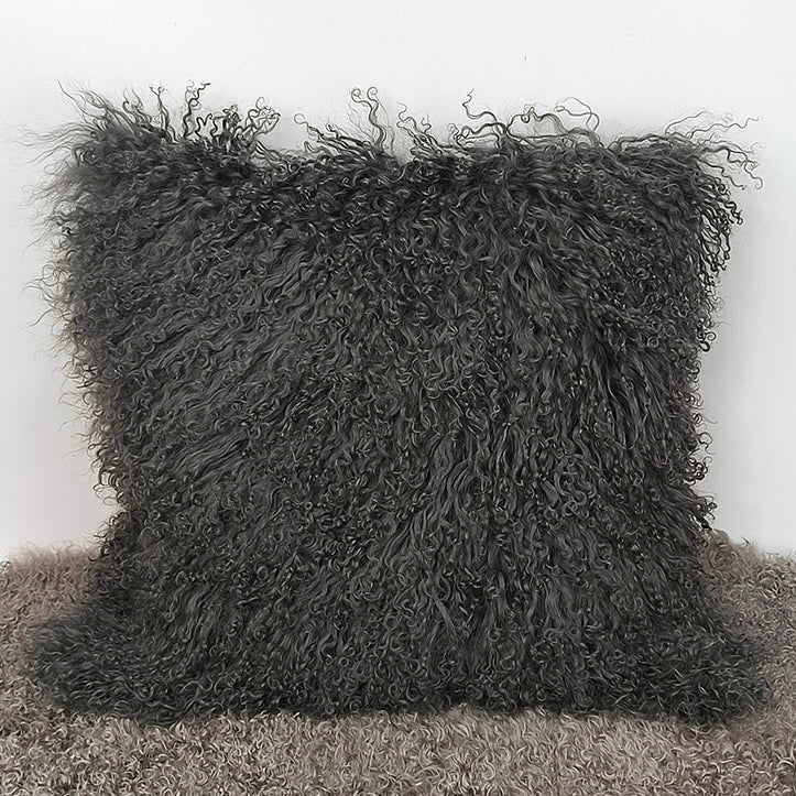 Housse de coussin en fourrure d'agneau tibétaine/mongole charbon de bois