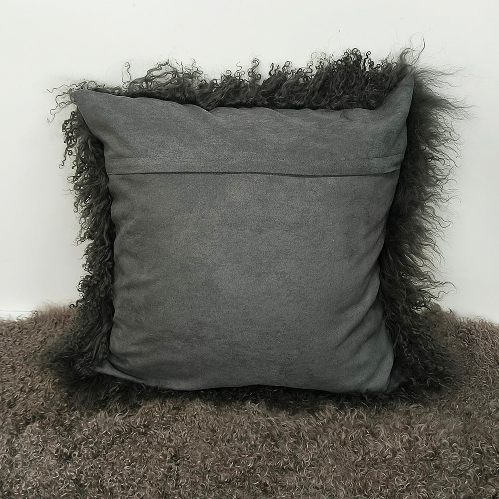 Housse de coussin en fourrure d'agneau tibétaine/mongole charbon de bois