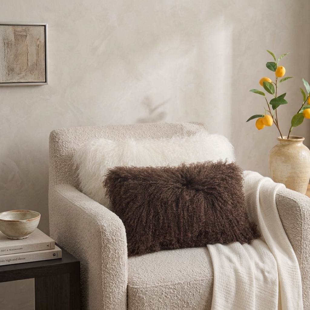 Chocolate Brown Mongolian Lamb Fur Lumbar Pillow | 12x20
