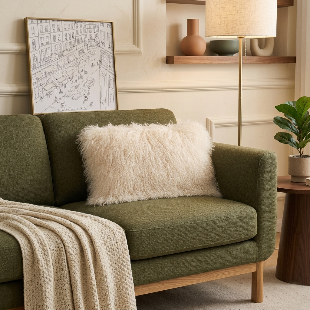 Natural fur lumbar pillow styled with warm modern home furnishings
