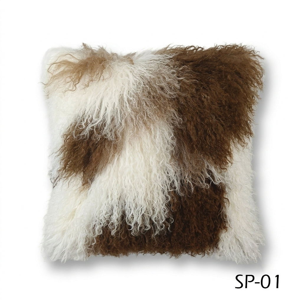Natural Spotted Genuine Mongolian Lamb Fur Pillow – 18x18"