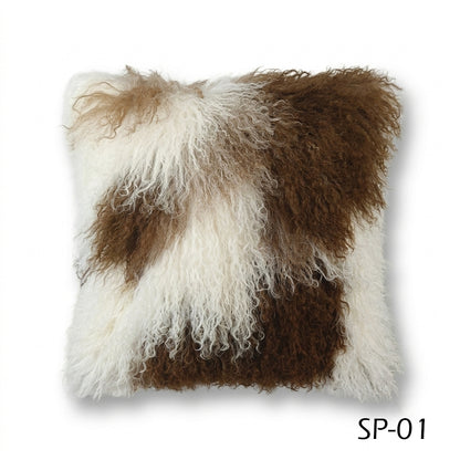 Natural Spotted Genuine Mongolian Lamb Fur Pillow – 18x18"