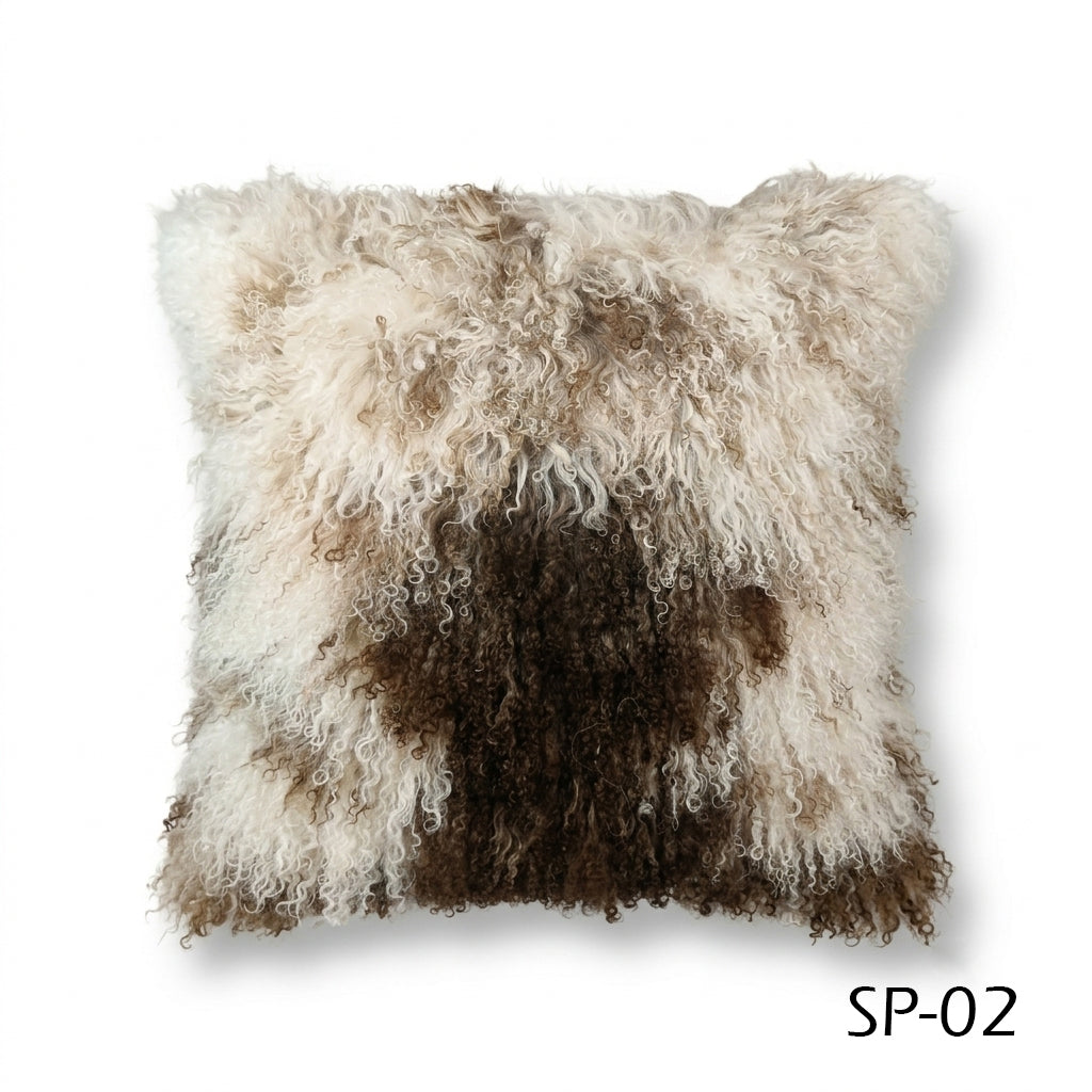 Natural Spotted Genuine Mongolian Lamb Fur Pillow – 18x18"