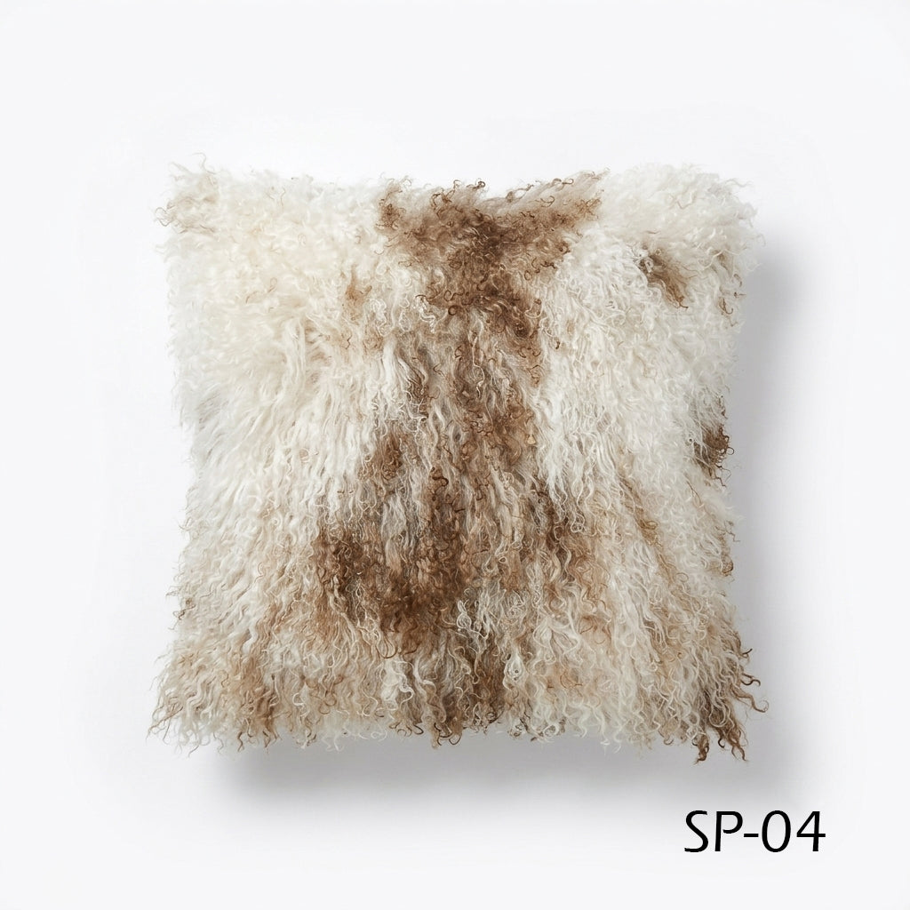 Natural Spotted Genuine Mongolian Lamb Fur Pillow – 18x18"