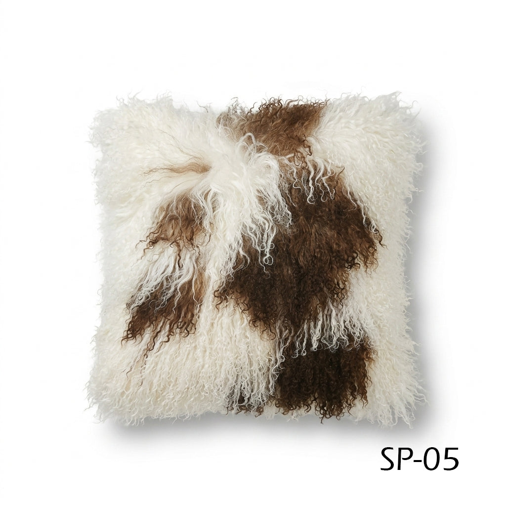 Natural Spotted Genuine Mongolian Lamb Fur Pillow – 18x18"