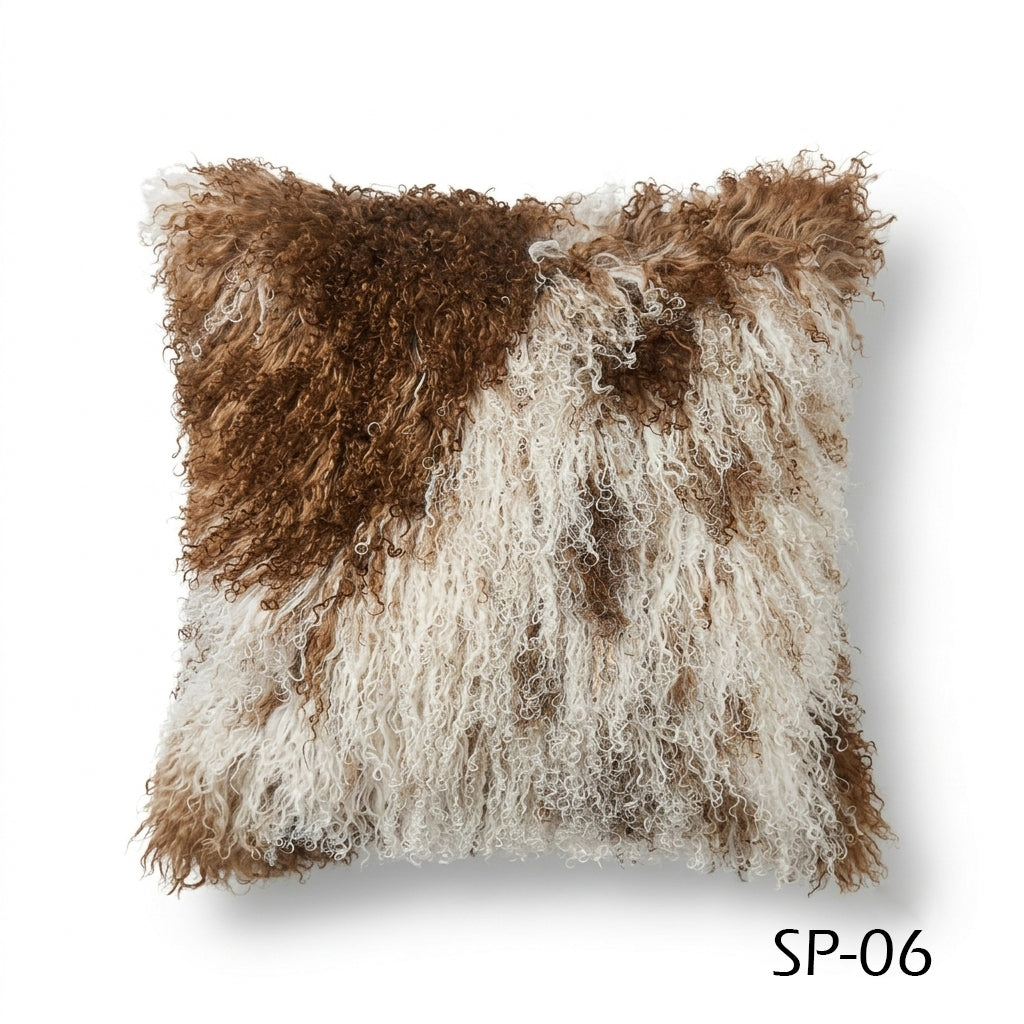 Natural Spotted Genuine Mongolian Lamb Fur Pillow – 18x18"