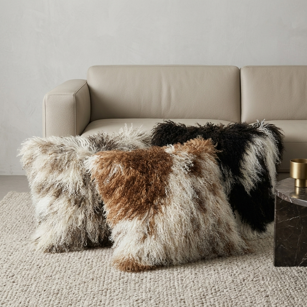 Natural Spotted Genuine Mongolian Lamb Fur Pillow – 22x22"