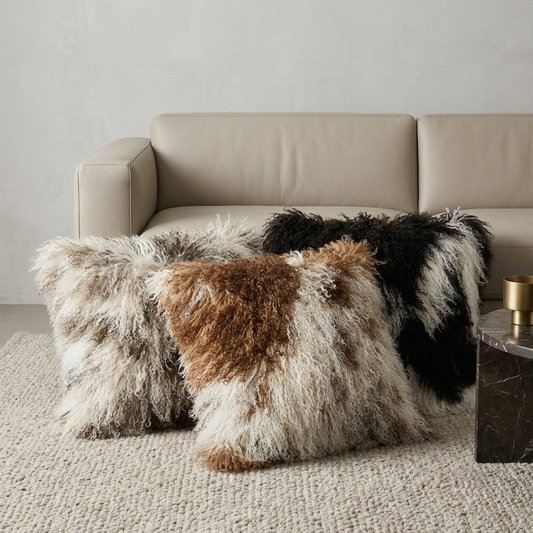 Natural Spotted Genuine Mongolian Lamb Fur Pillow – 22x22"