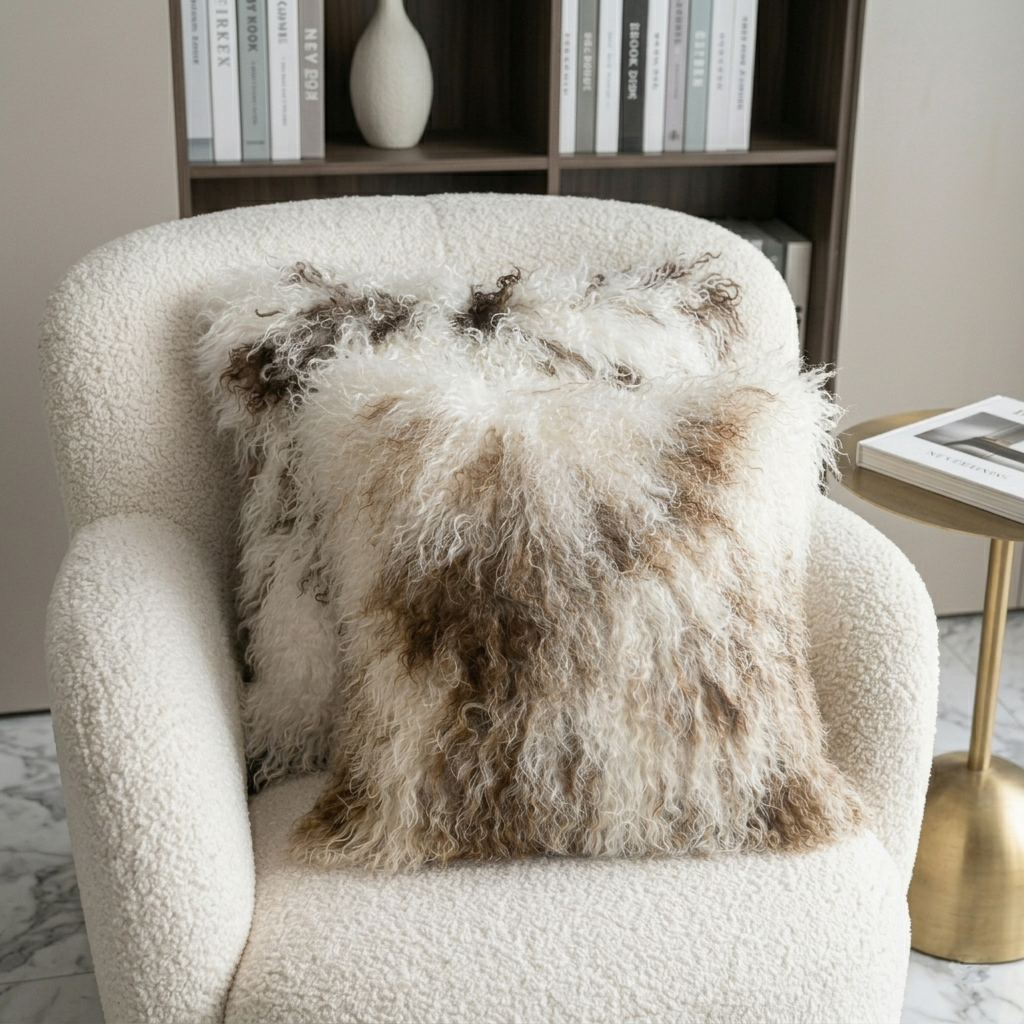 Housse de Coussin en Fourrure d'Agneau Tibétaine/Mongole Kaki 