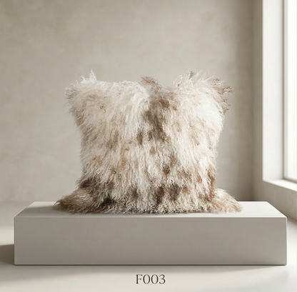 Housse de Coussin en Fourrure d'Agneau Tibétaine/Mongole Kaki 
