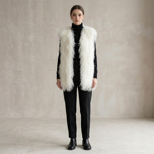 Genuine Natural White Mongolian Lamb Fur Vest – 26 Inch Luxury Curly Fur Vest