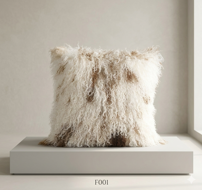Housse de Coussin en Fourrure d'Agneau Tibétaine/Mongole Kaki 