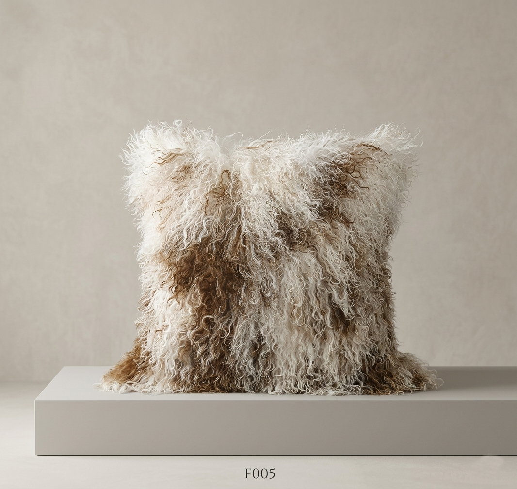 Housse de Coussin en Fourrure d'Agneau Tibétaine/Mongole Kaki 