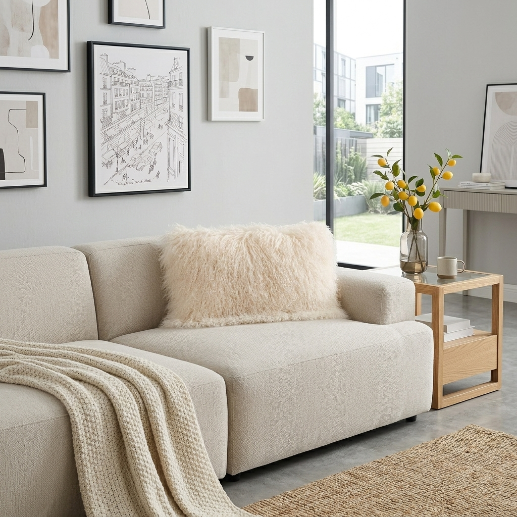 Beige Mongolian lamb fur lumbar pillow for luxury home decor