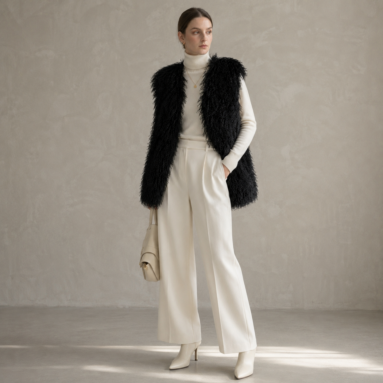 Black Mongolian Lamb Fur Vest – 26 Inch Genuine Curly Lamb Fur Vest
