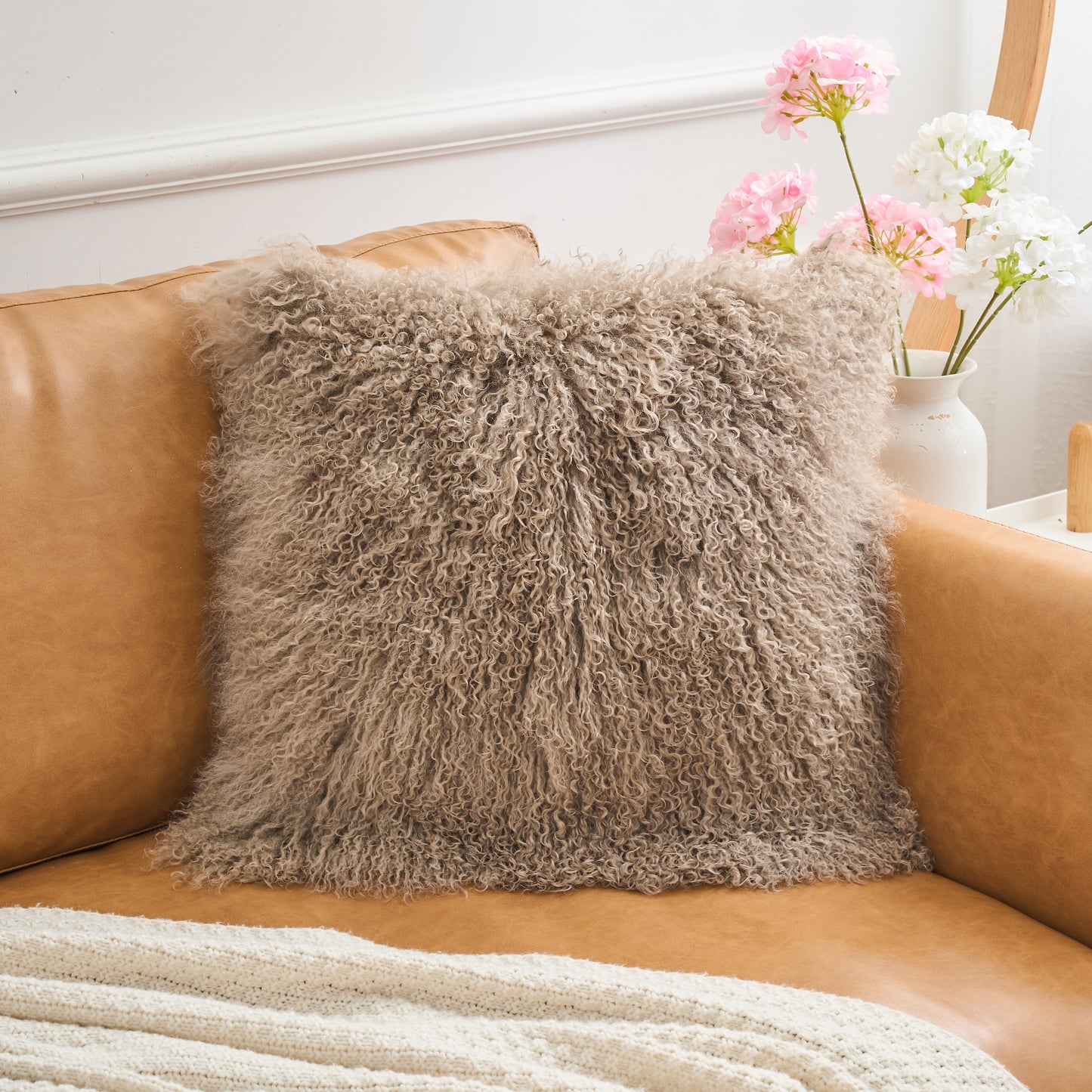 Mongolian Lamb Fur Pillow – Taupe | Soft Luxury Throw Pillow | Multiple Sizes Available