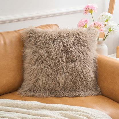 Mongolian Lamb Fur Pillow – Taupe | Soft Luxury Throw Pillow | Multiple Sizes Available