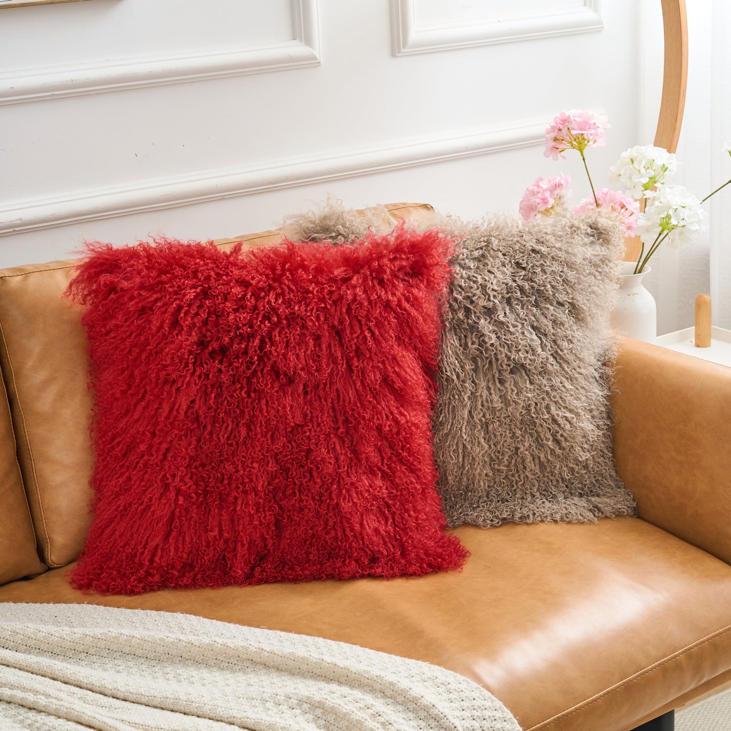 Mongolian Lamb Fur Pillow –Burgundy | Soft Luxury Throw Pillow | Multiple Sizes Available