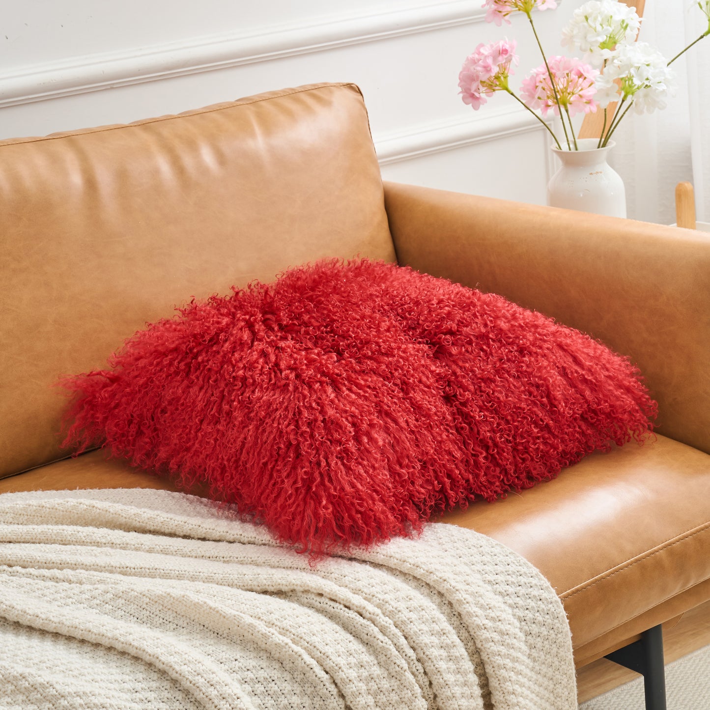 Mongolian Lamb Fur Pillow –Burgundy | Soft Luxury Throw Pillow | Multiple Sizes Available