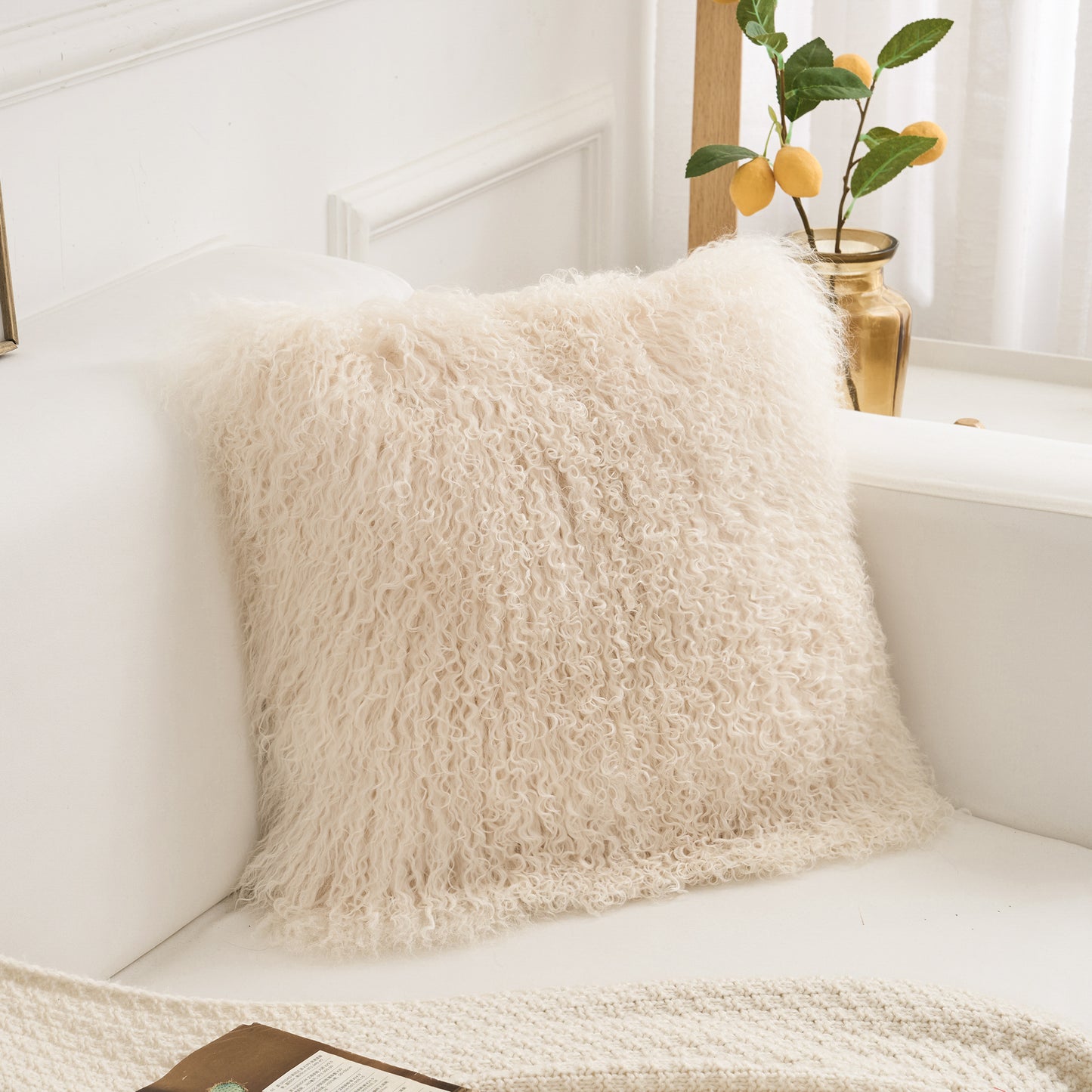 Mongolian Lamb Fur Pillow – Beige| Soft Luxury Throw Pillow | Multiple Sizes Available