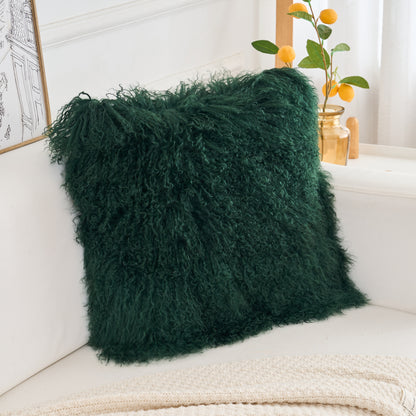 Mongolian Lamb Fur Pillow – Vintage Green | Soft Luxury Throw Pillow | Multiple Sizes Available