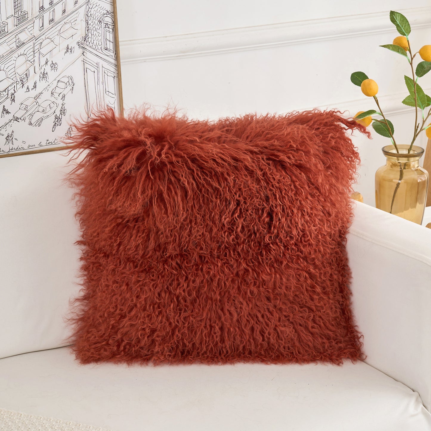 Mongolian Lamb Fur Pillow – Rusty Red | Soft Luxury Throw Pillow | Multiple Sizes Available