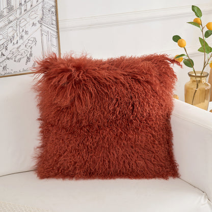 Mongolian Lamb Fur Pillow – Rusty Red | Soft Luxury Throw Pillow | Multiple Sizes Available