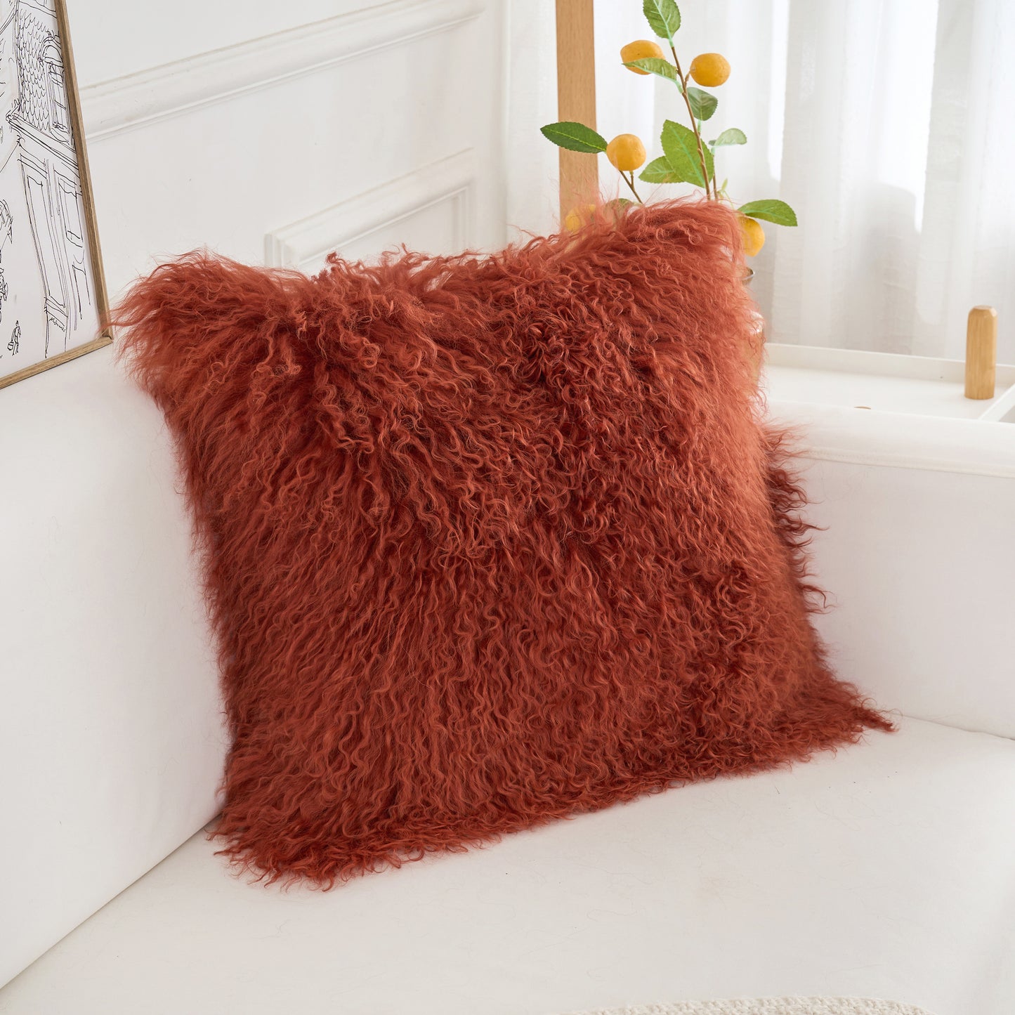 Mongolian Lamb Fur Pillow – Rusty Red | Soft Luxury Throw Pillow | Multiple Sizes Available