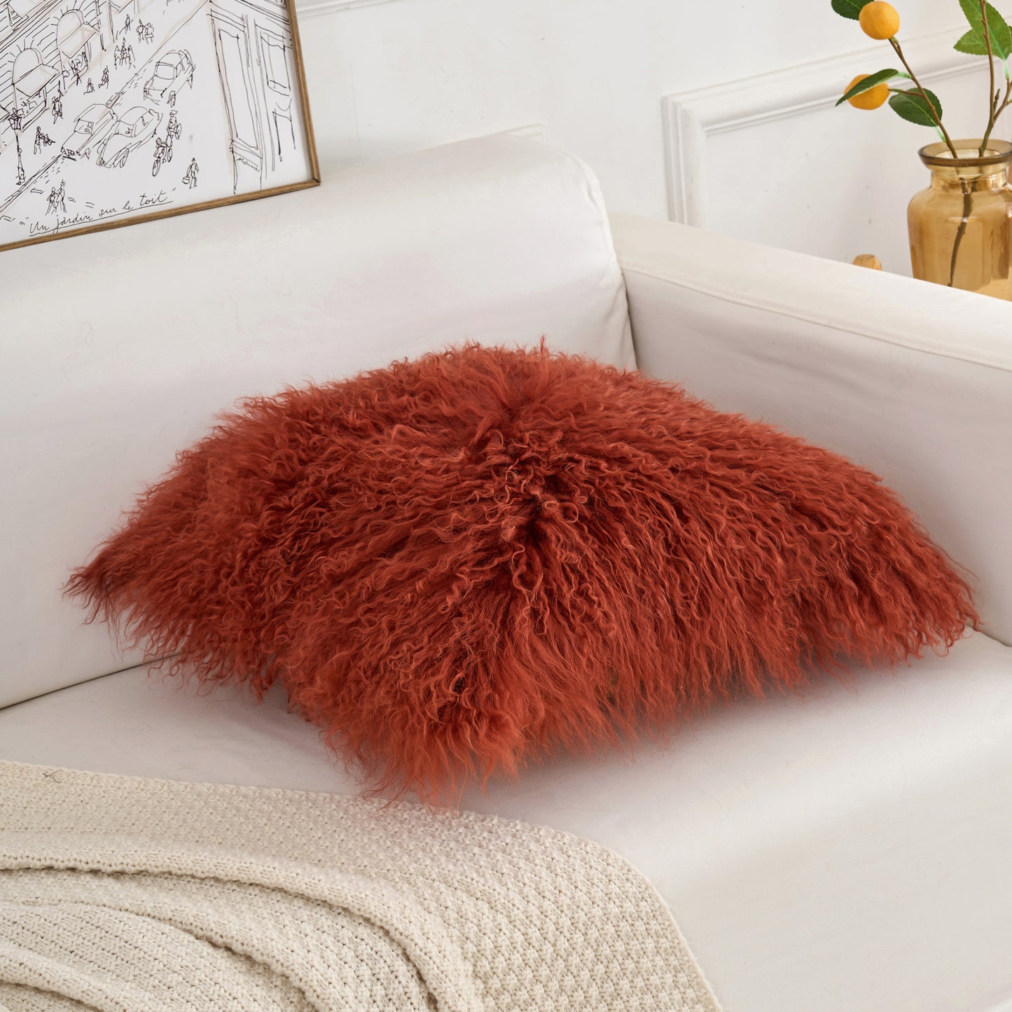 Mongolian Lamb Fur Pillow – Rusty Red | Soft Luxury Throw Pillow | Multiple Sizes Available