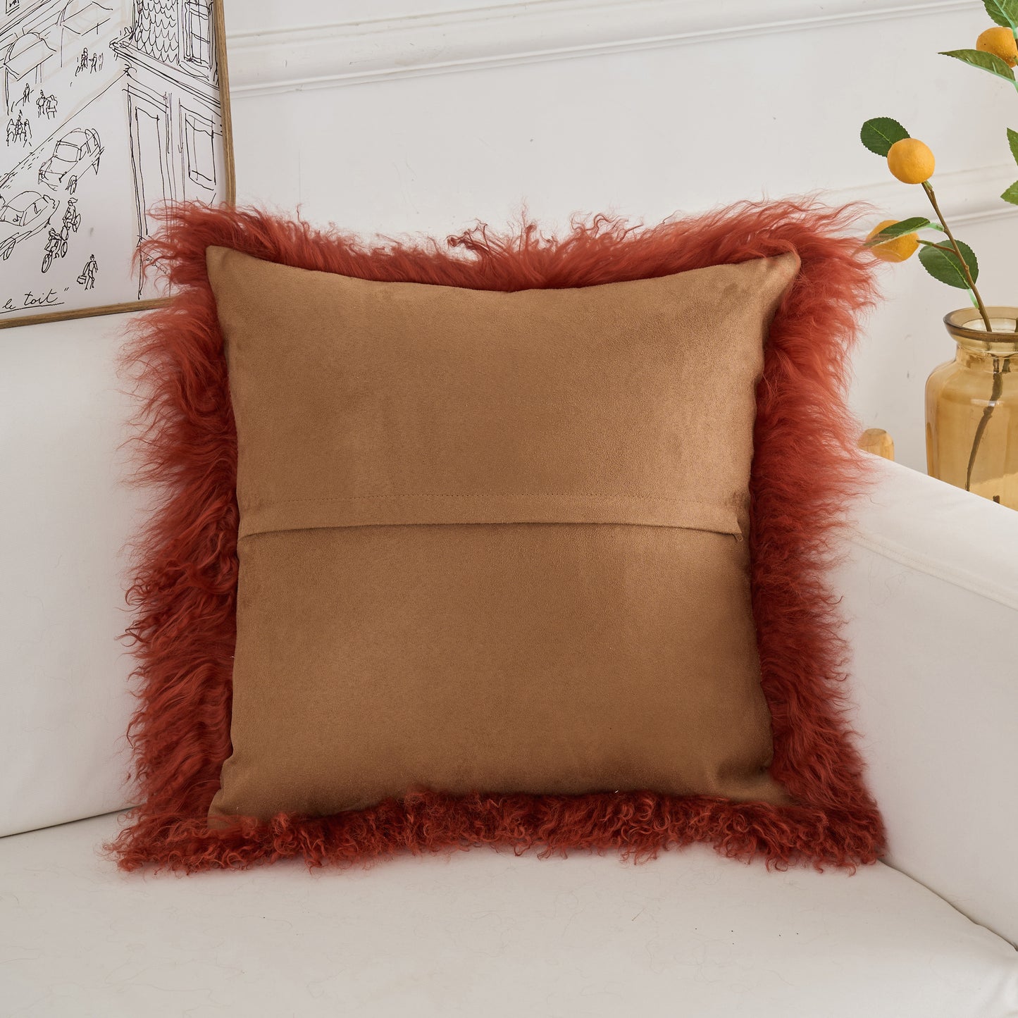 Mongolian Lamb Fur Pillow – Rusty Red | Soft Luxury Throw Pillow | Multiple Sizes Available