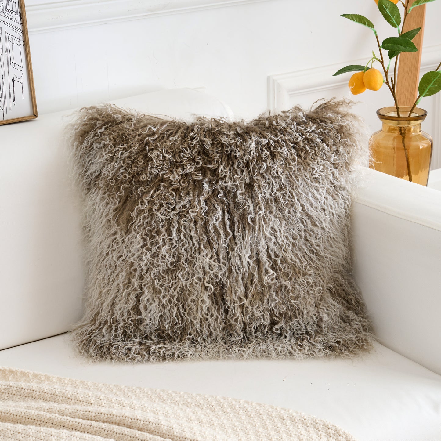 Tibetan/Mongolian Lamb Fur Pillow Cover Sage Green with White Tips