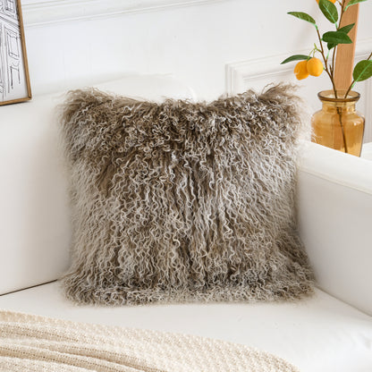 Tibetan/Mongolian Lamb Fur Pillow Cover Sage Green with White Tips