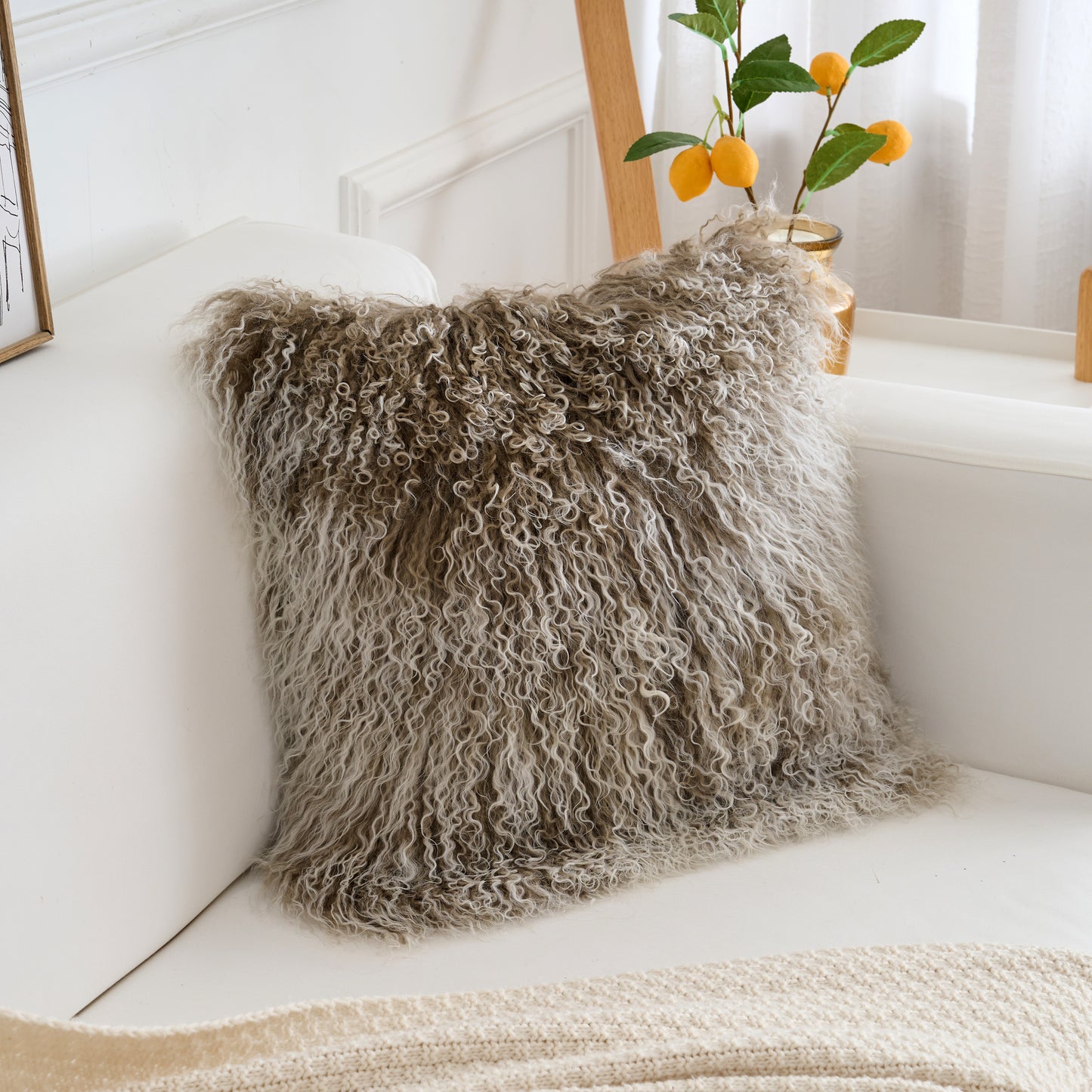 Tibetan/Mongolian Lamb Fur Pillow Cover Sage Green with White Tips