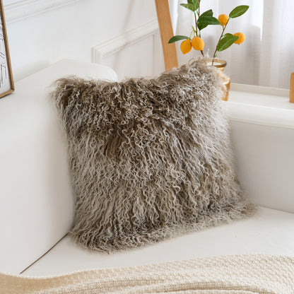 Tibetan/Mongolian Lamb Fur Pillow Cover Sage Green with White Tips