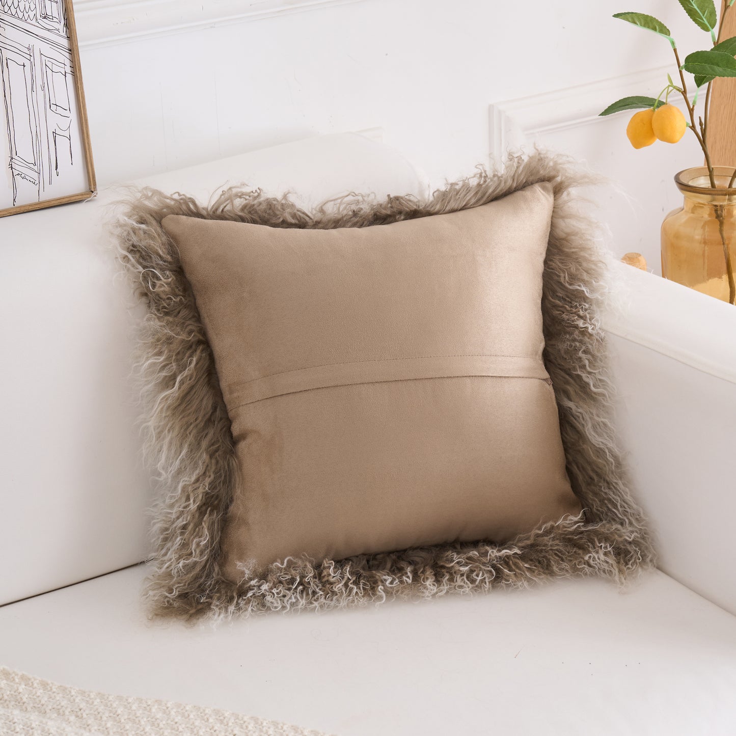 Tibetan/Mongolian Lamb Fur Pillow Cover Sage Green with White Tips