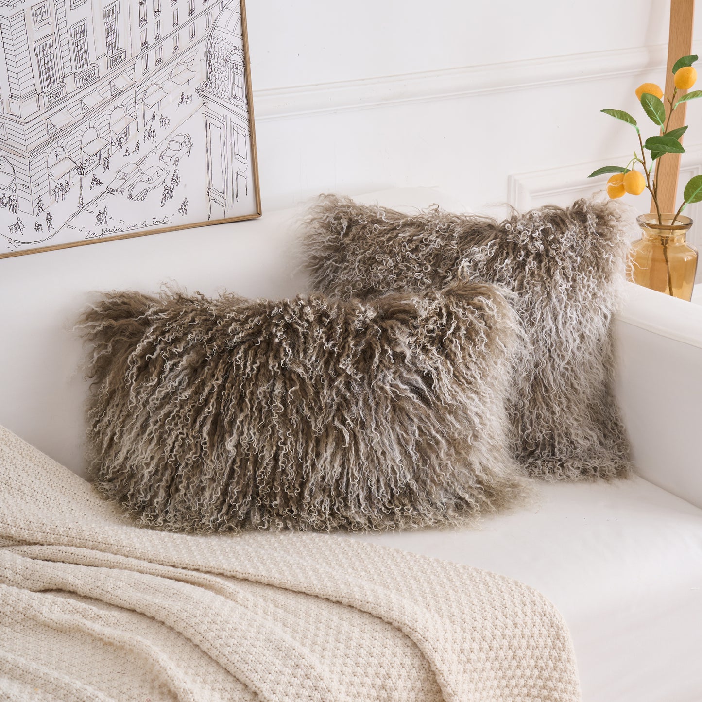 Tibetan/Mongolian Lamb Fur Pillow Cover Sage Green with White Tips