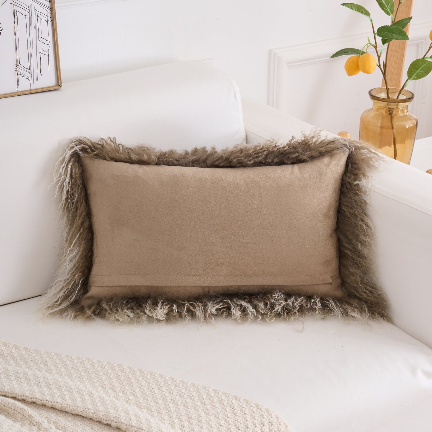 Tibetan/Mongolian Lamb Fur Pillow Cover Sage Green with White Tips