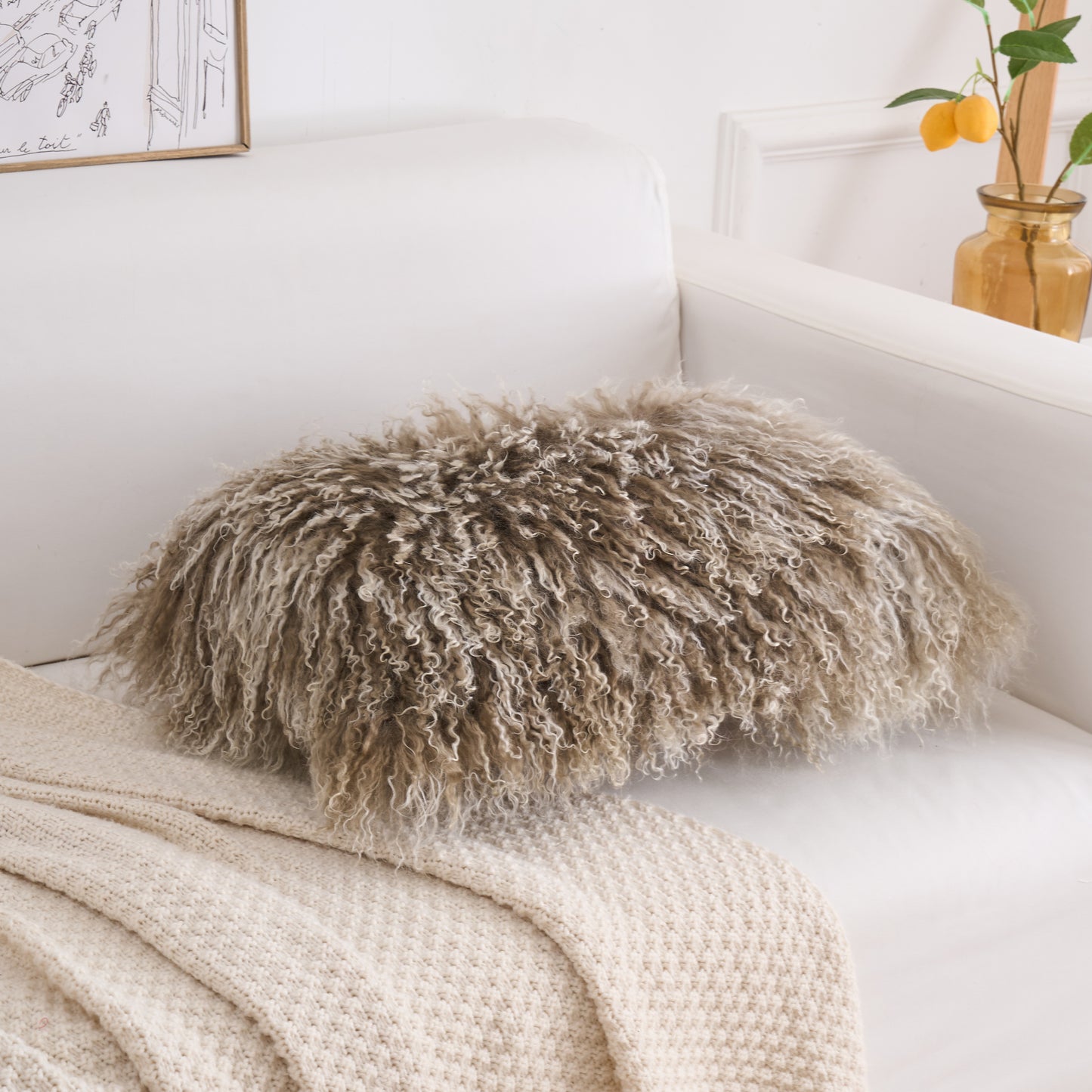 Tibetan/Mongolian Lamb Fur Pillow Cover Sage Green with White Tips