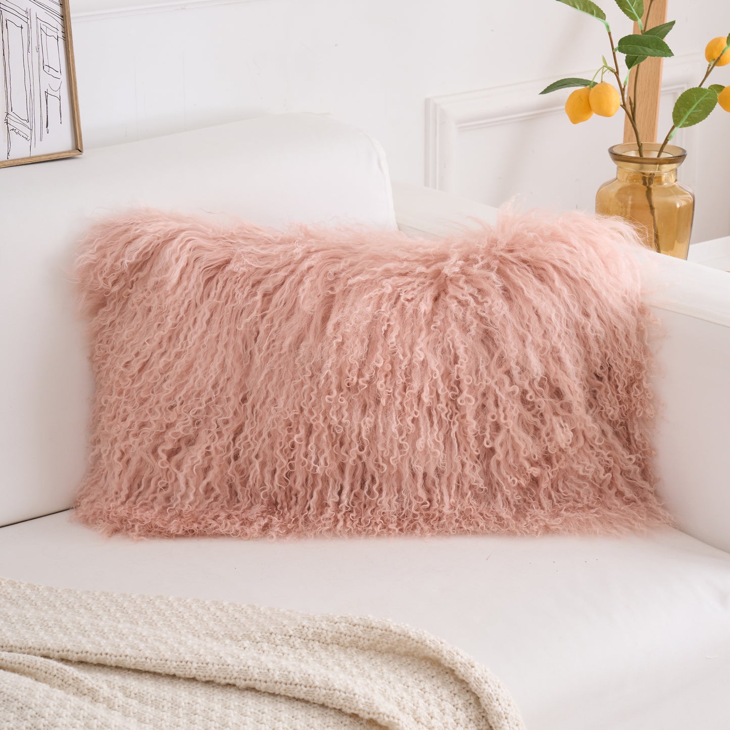 Tibetan/Mongolian Lamb Fur Pillow Cover Lotus Pink