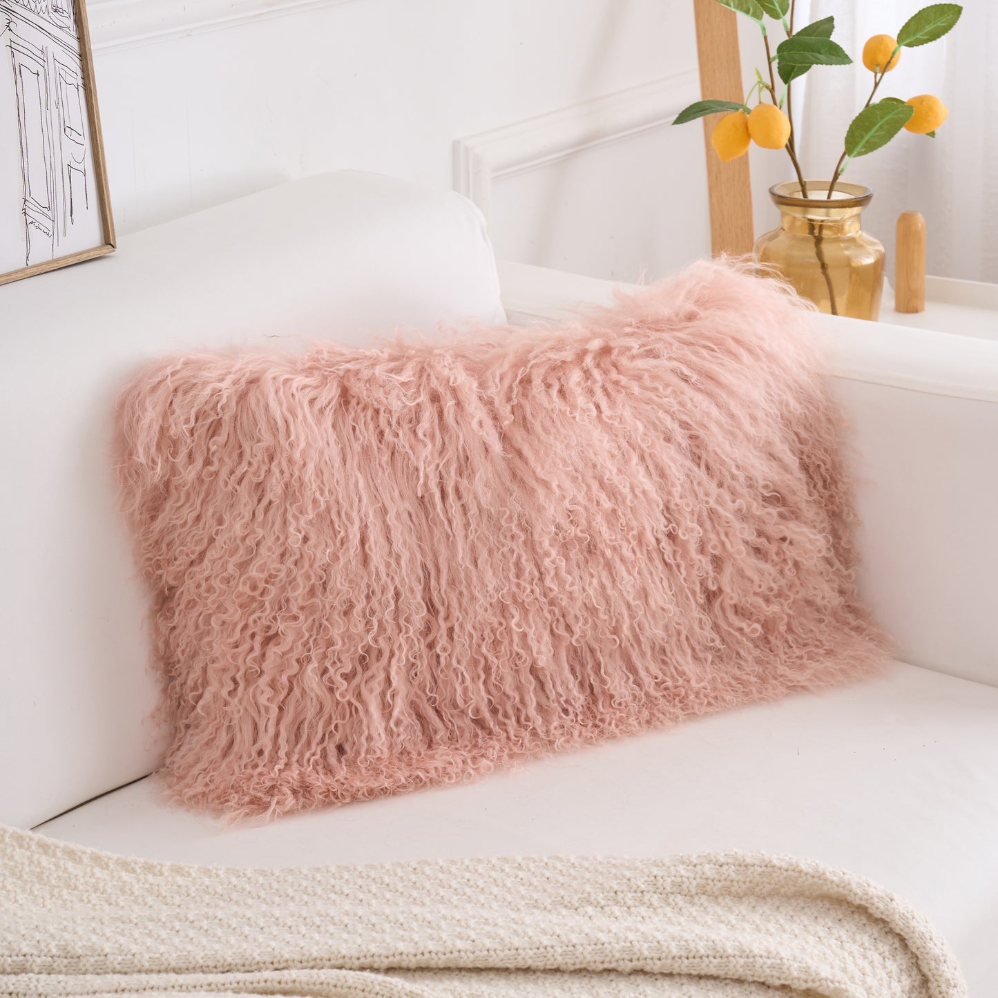 Tibetan/Mongolian Lamb Fur Pillow Cover Lotus Pink