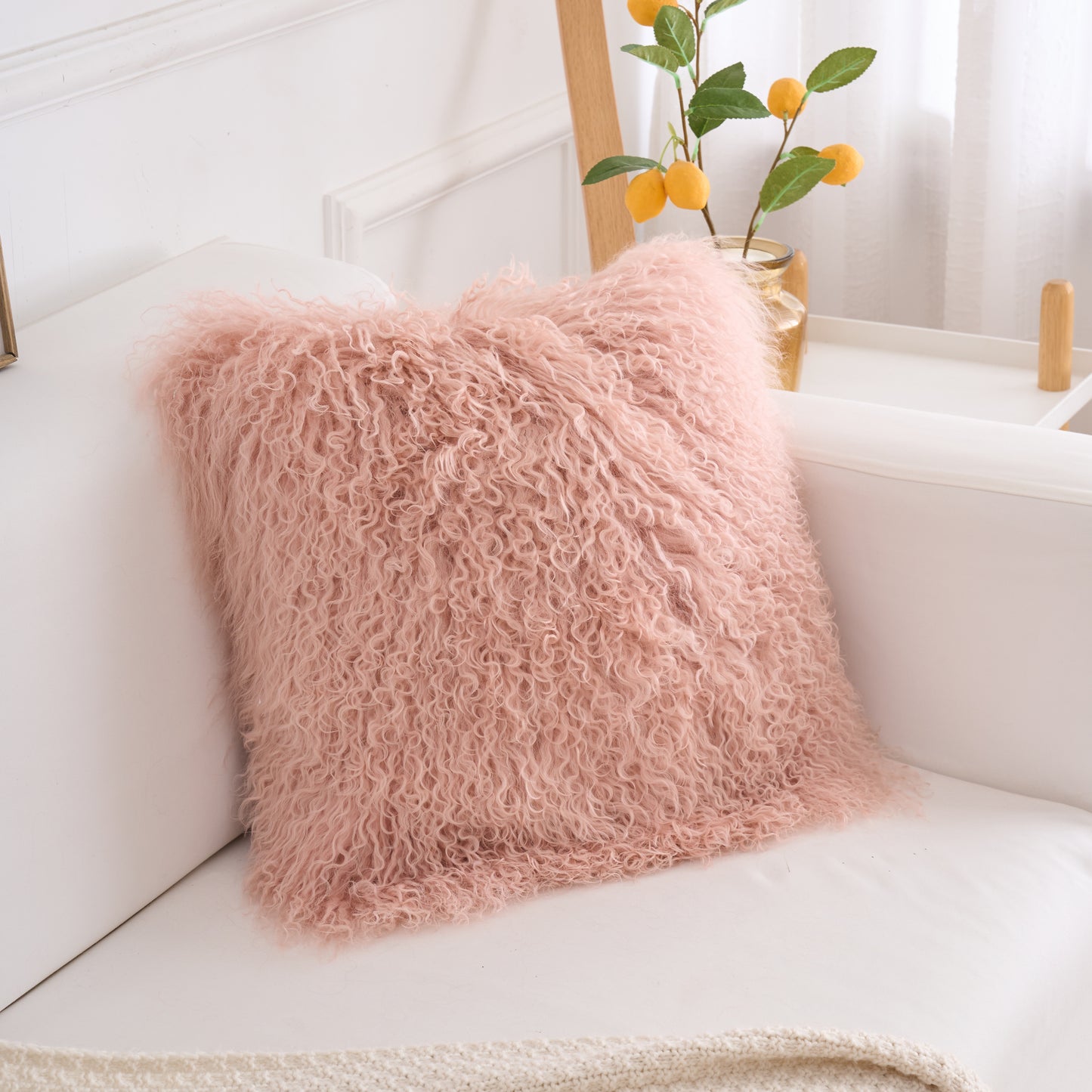 Tibetan/Mongolian Lamb Fur Pillow Cover Lotus Pink