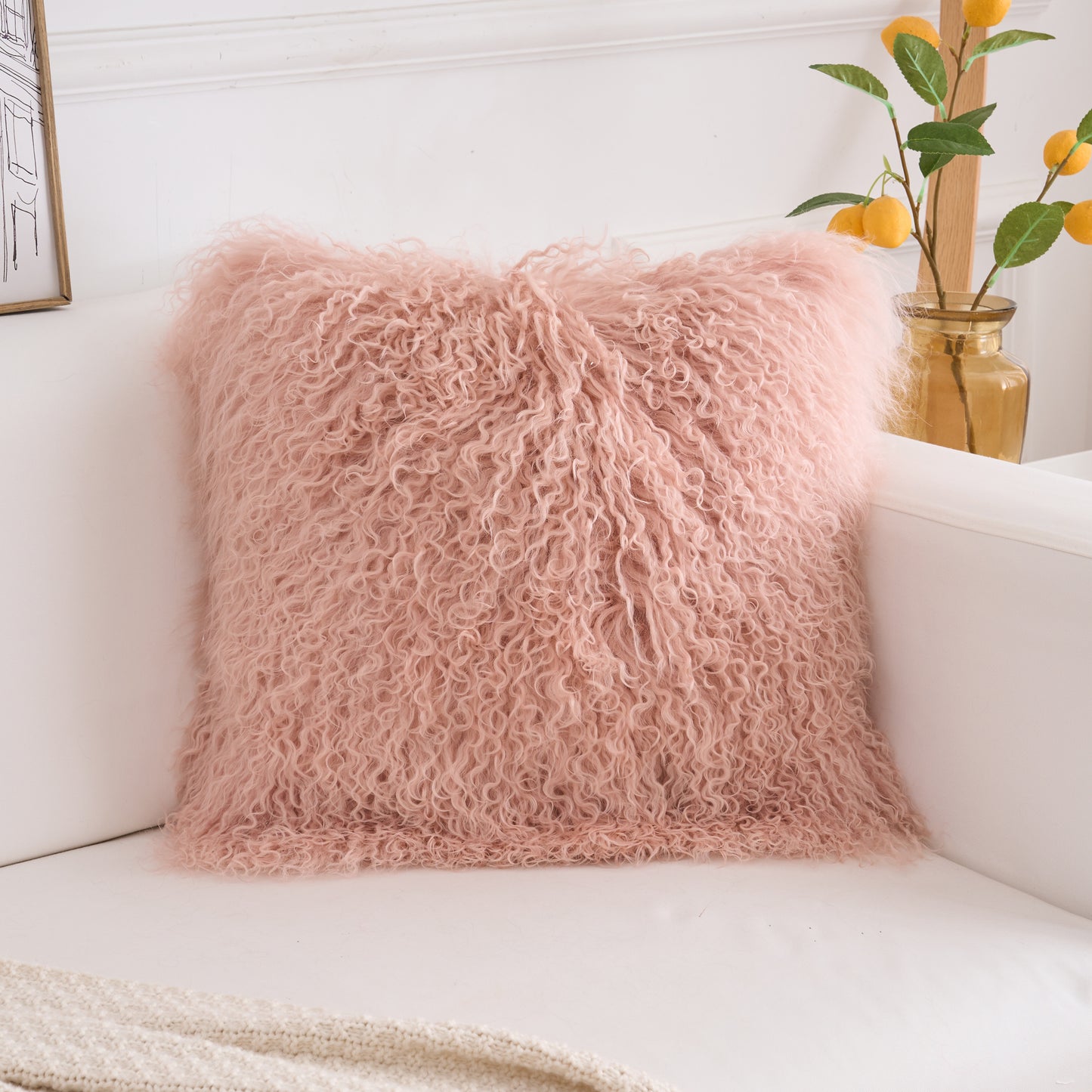 Tibetan/Mongolian Lamb Fur Pillow Cover Lotus Pink