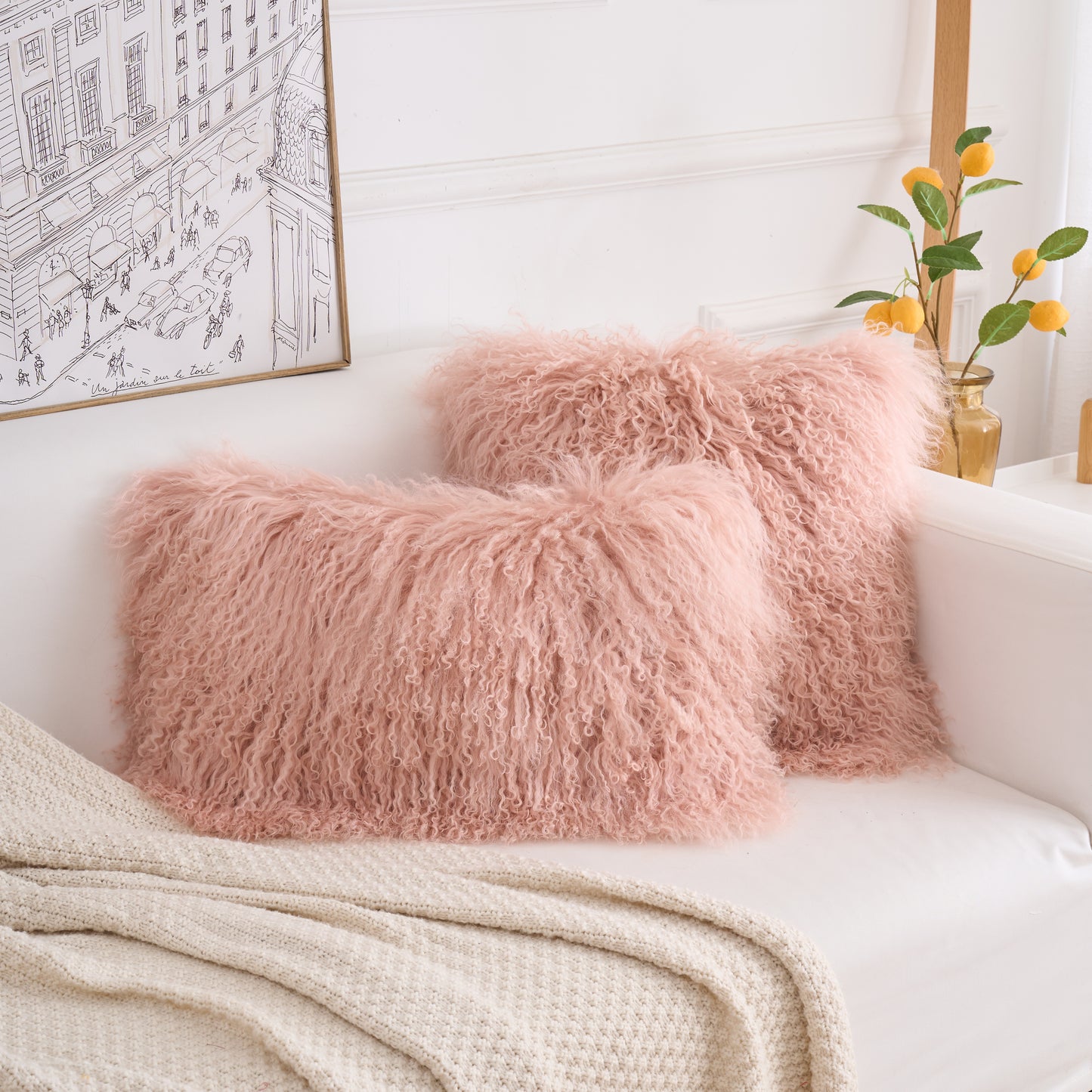 Tibetan/Mongolian Lamb Fur Pillow Cover Lotus Pink