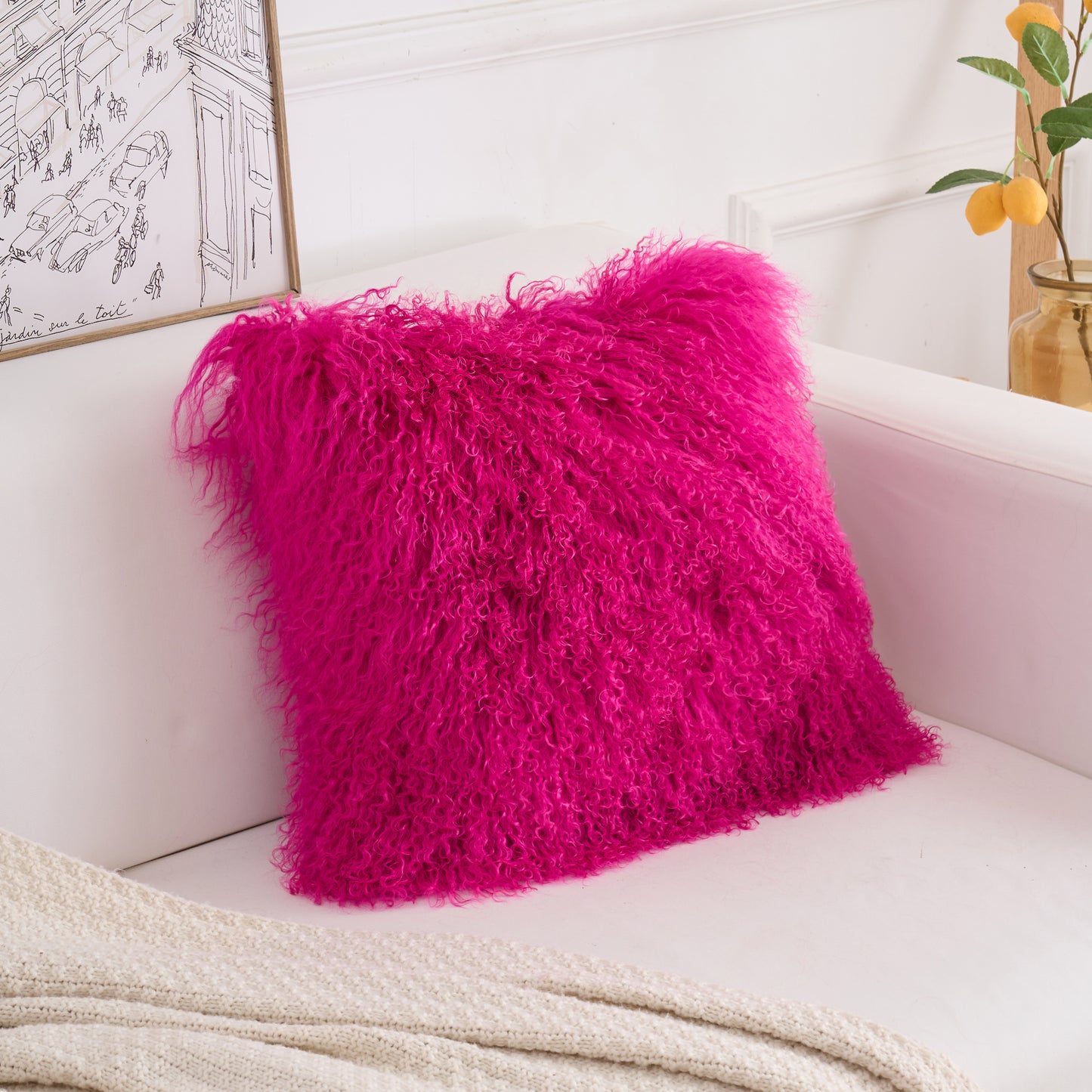 Mongolian Lamb Fur Pillow – Hot Pink | Soft Luxury Throw Pillow | Multiple Sizes Available