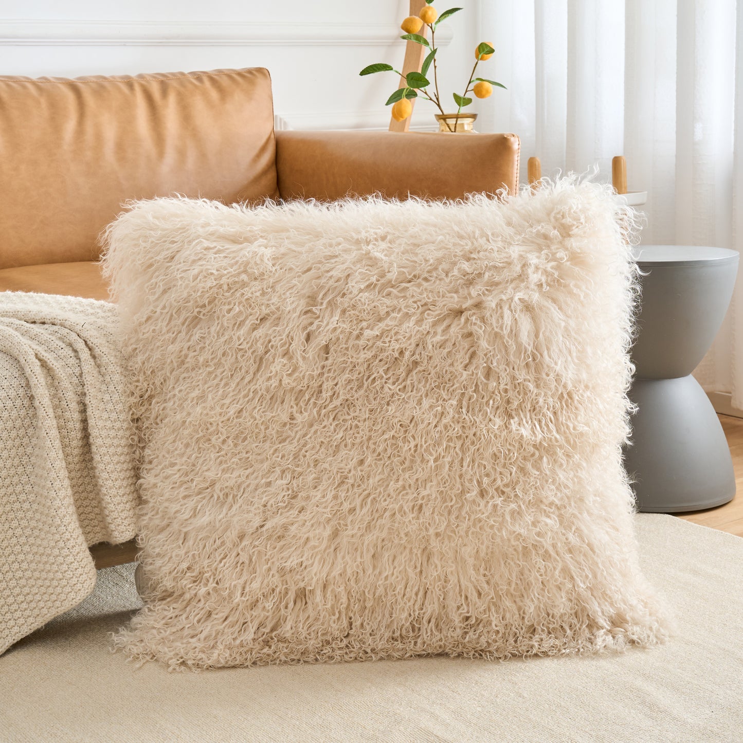 Mongolian Lamb Fur Pillow – Beige| Soft Luxury Throw Pillow | Multiple Sizes Available