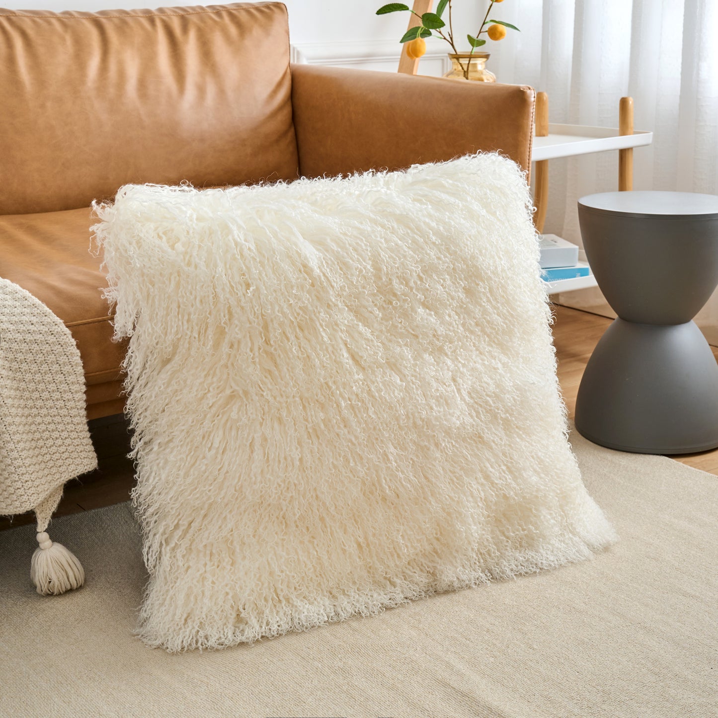 Natural White Mongolian Lamb Fur Pillow | Soft Curly Luxury Accent Pillow
