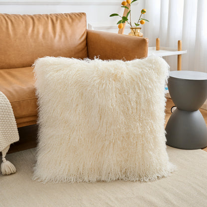 Natural White Mongolian Lamb Fur Pillow | Soft Curly Luxury Accent Pillow
