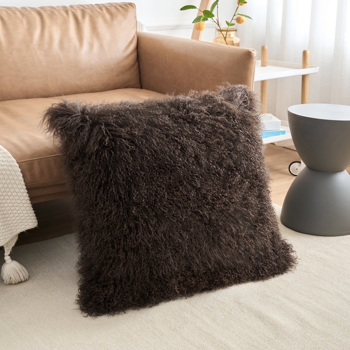 Espresso Brown Mongolian Lamb Fur Pillow | Soft Curly Luxury Accent Pillow